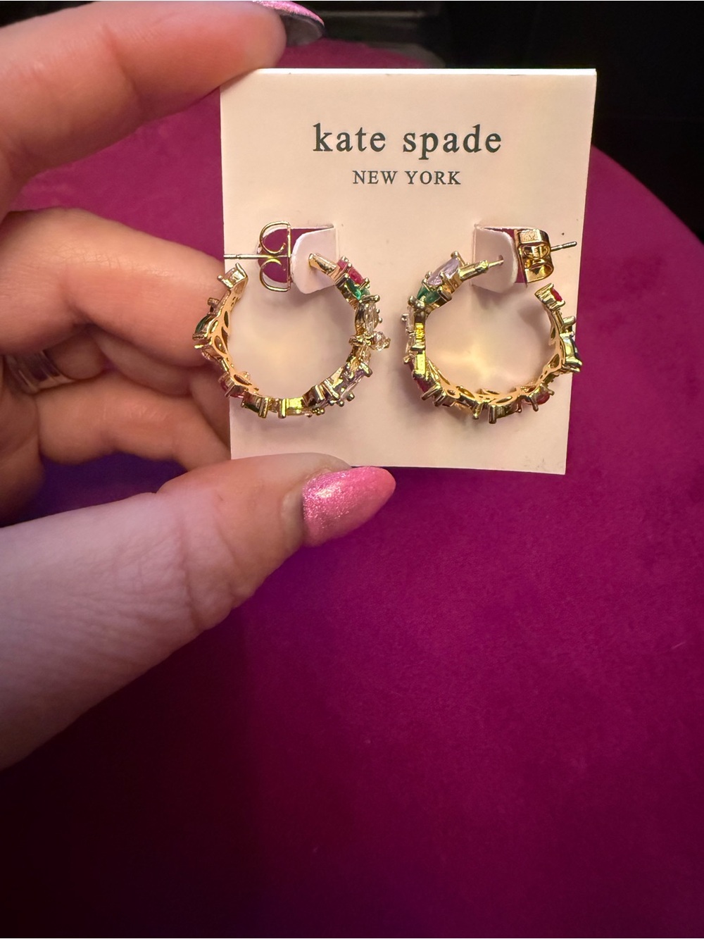 kate spade Gold Hoop Earrings with Pink, Green and Clear Stones